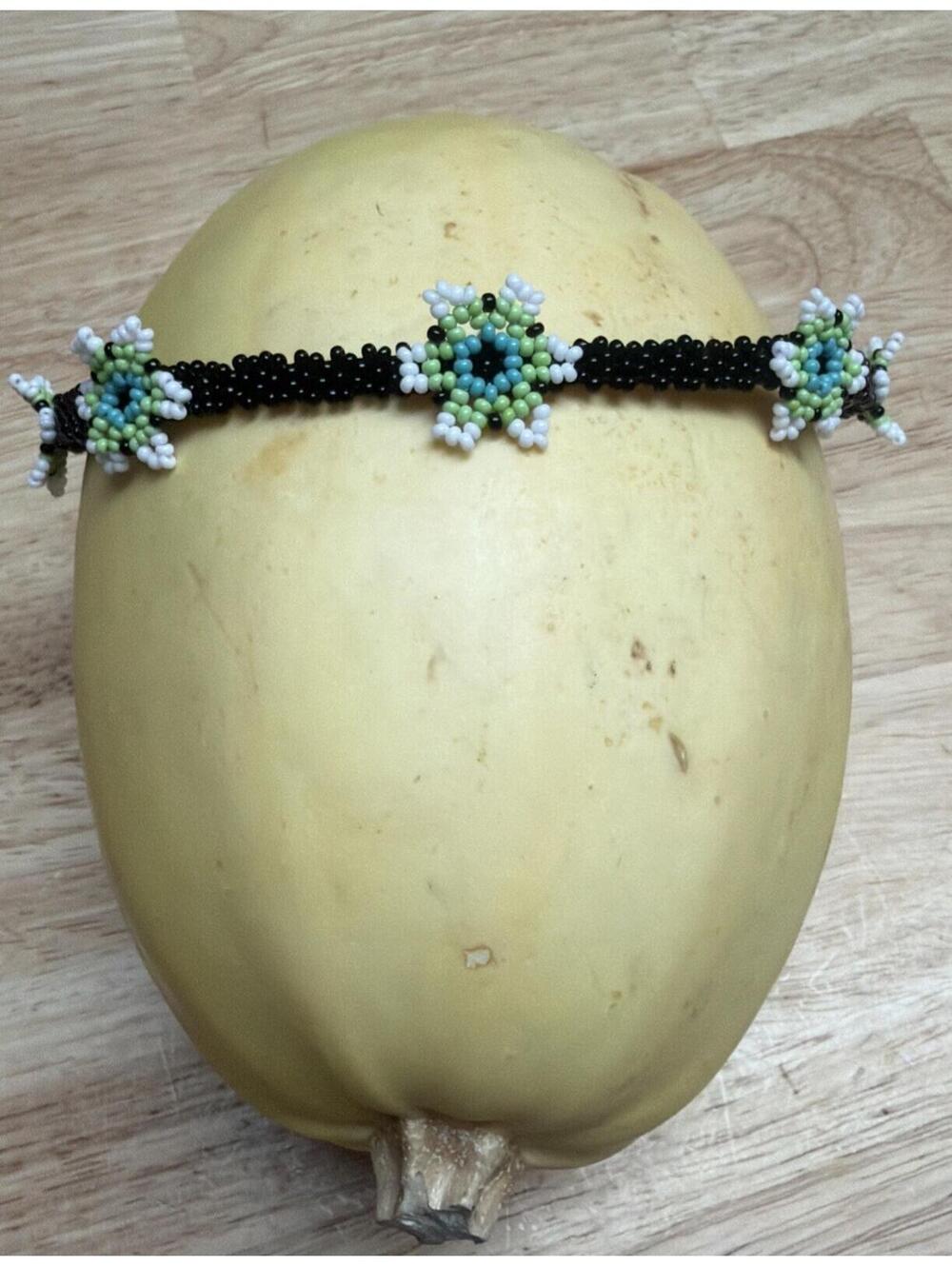 Beaded Headband South American Handmade Black Flowers White Green Blue Stretches